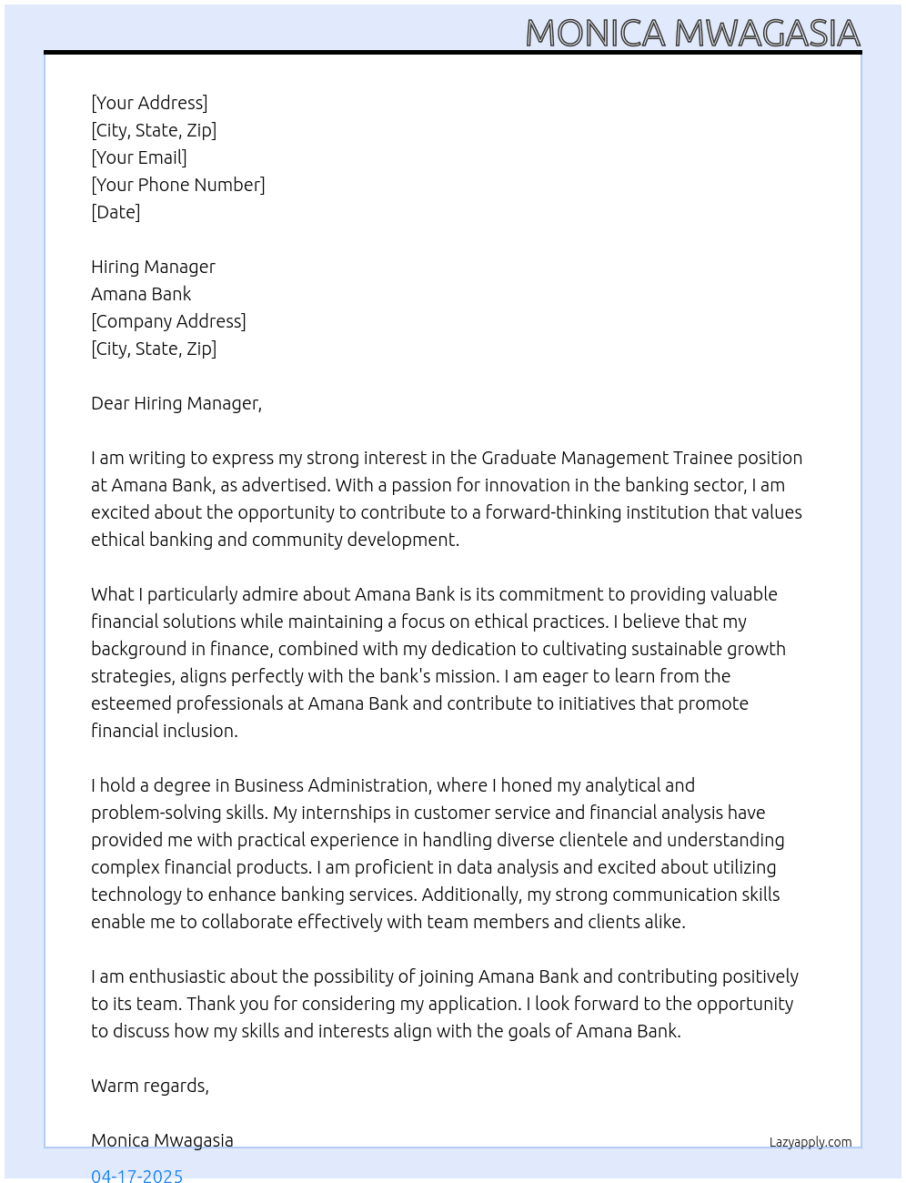 Graduate Management trainee  At Amana Bank Cover Letter
