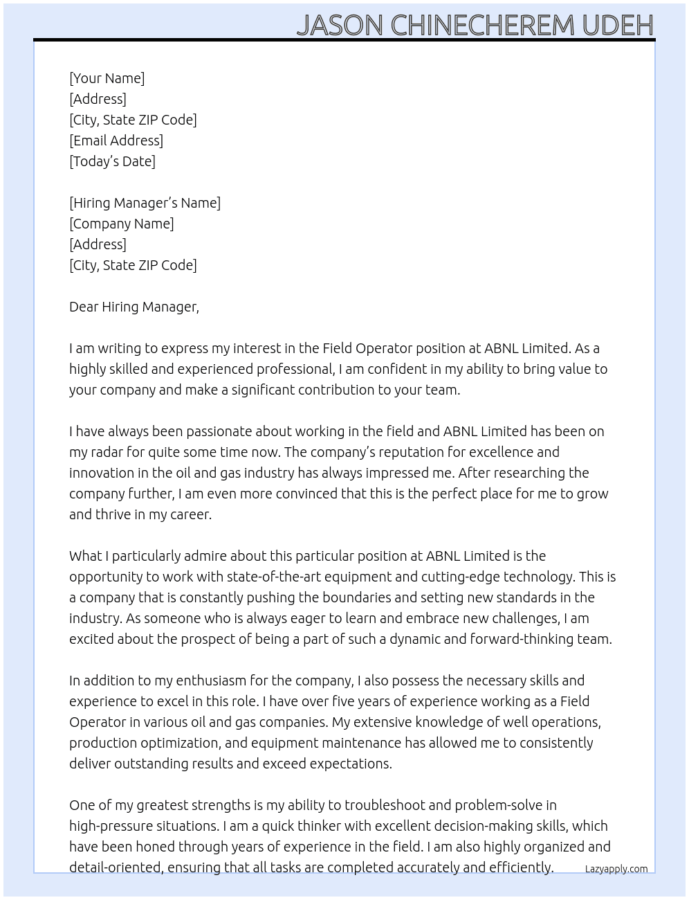 Field Operator At ABNL Limited Cover Letter