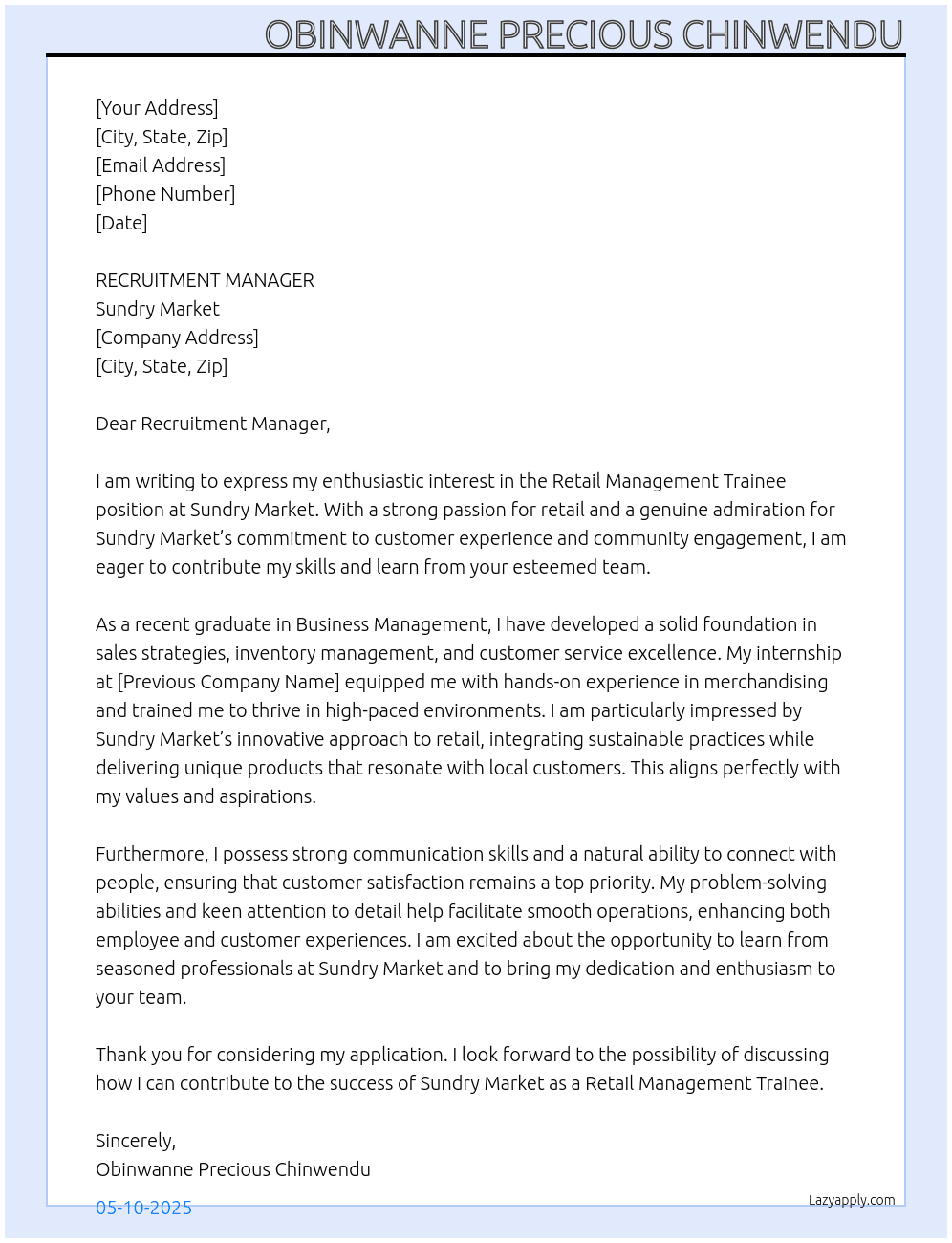 RETAIL MANAGEMENT TRAINEE At SUNDRY MARKET Cover Letter