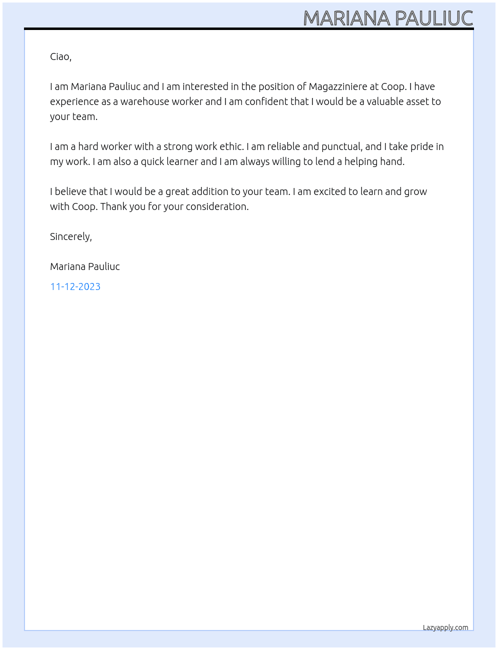Magazziniere  At Coop Cover Letter