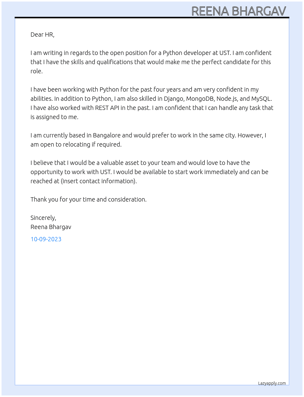 Python developer  At UST Cover Letter