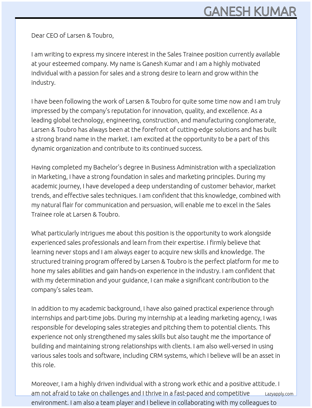 SALES TRAINEE At LARSEN & TOUBRO Cover Letter