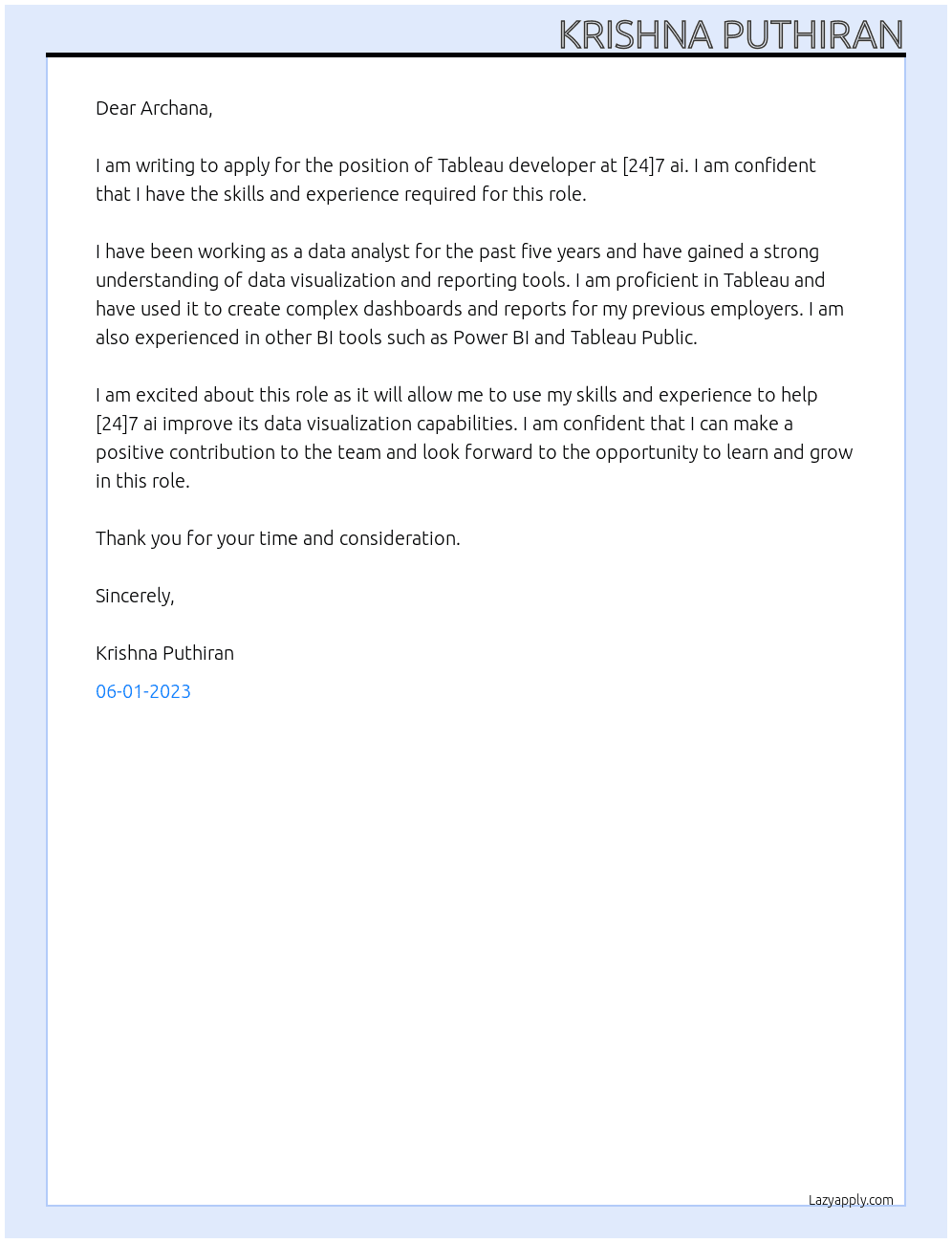 Tableau developer At [24]7 ai Cover Letter