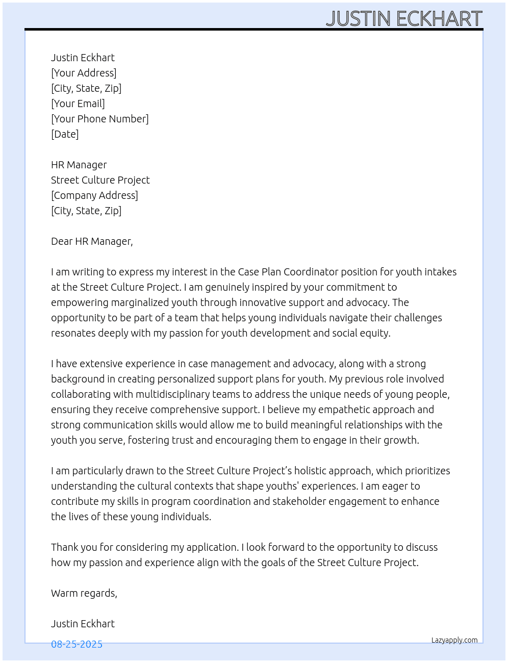 Case Plan Coordinator *youth intakes* At Street Culture Project Cover Letter
