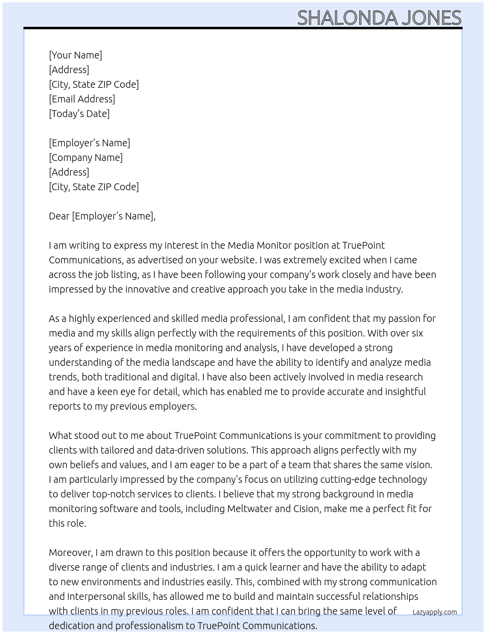 Media Monitor  At TruePoint Communications Cover Letter