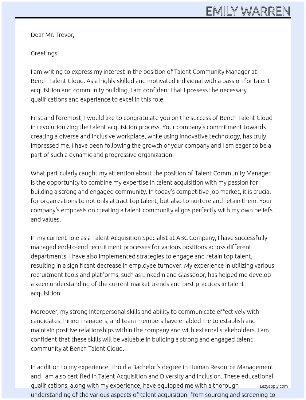 Talent Community Manager At Bench Talent Cloud Cover Letter