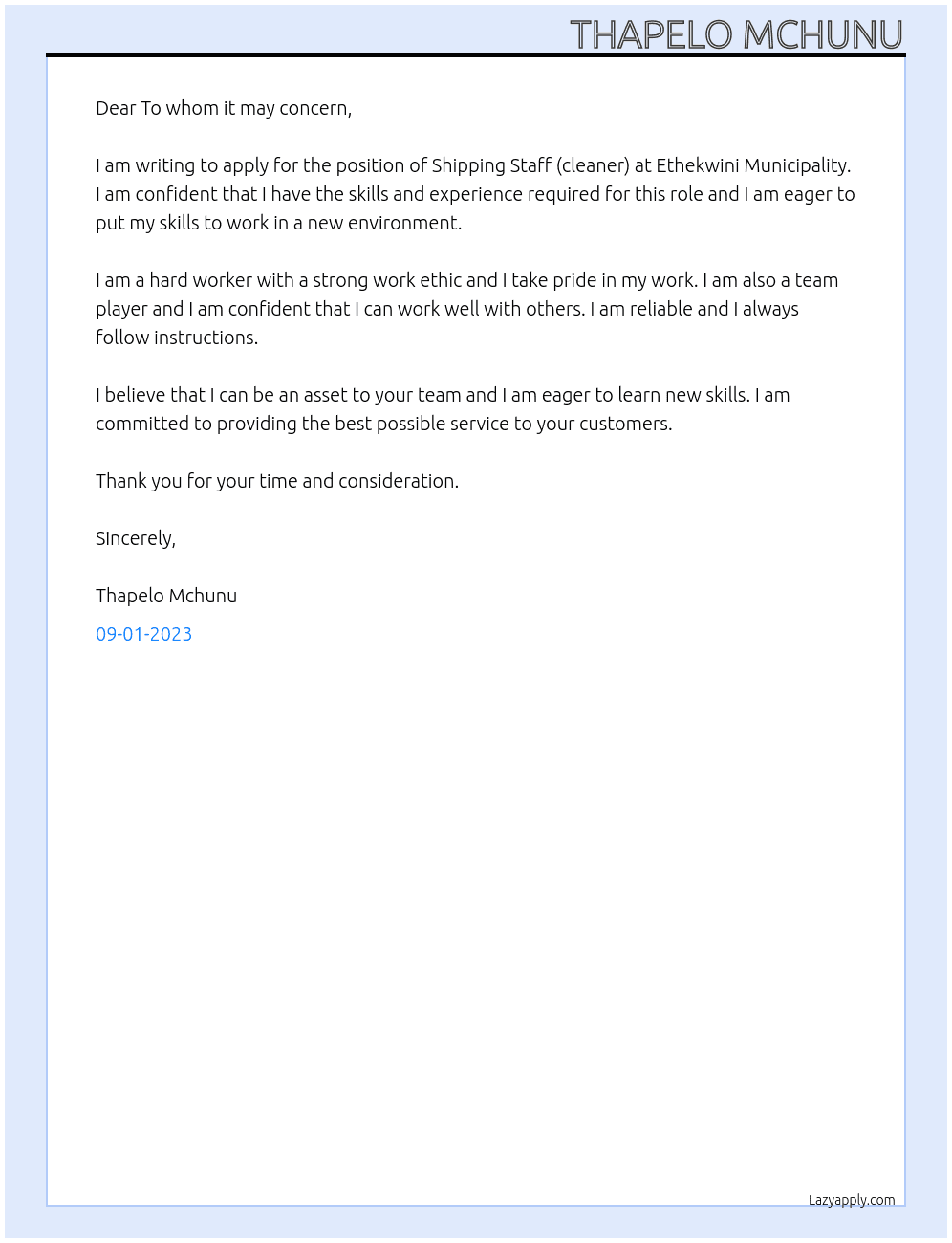 Shipping Staff (cleaner)  At Ethekwini Municipality  Cover Letter