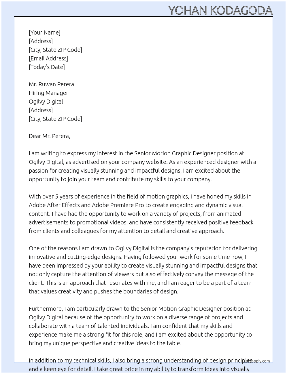 Senior Motion Graphic Designer At Ogilvy Digital Cover Letter