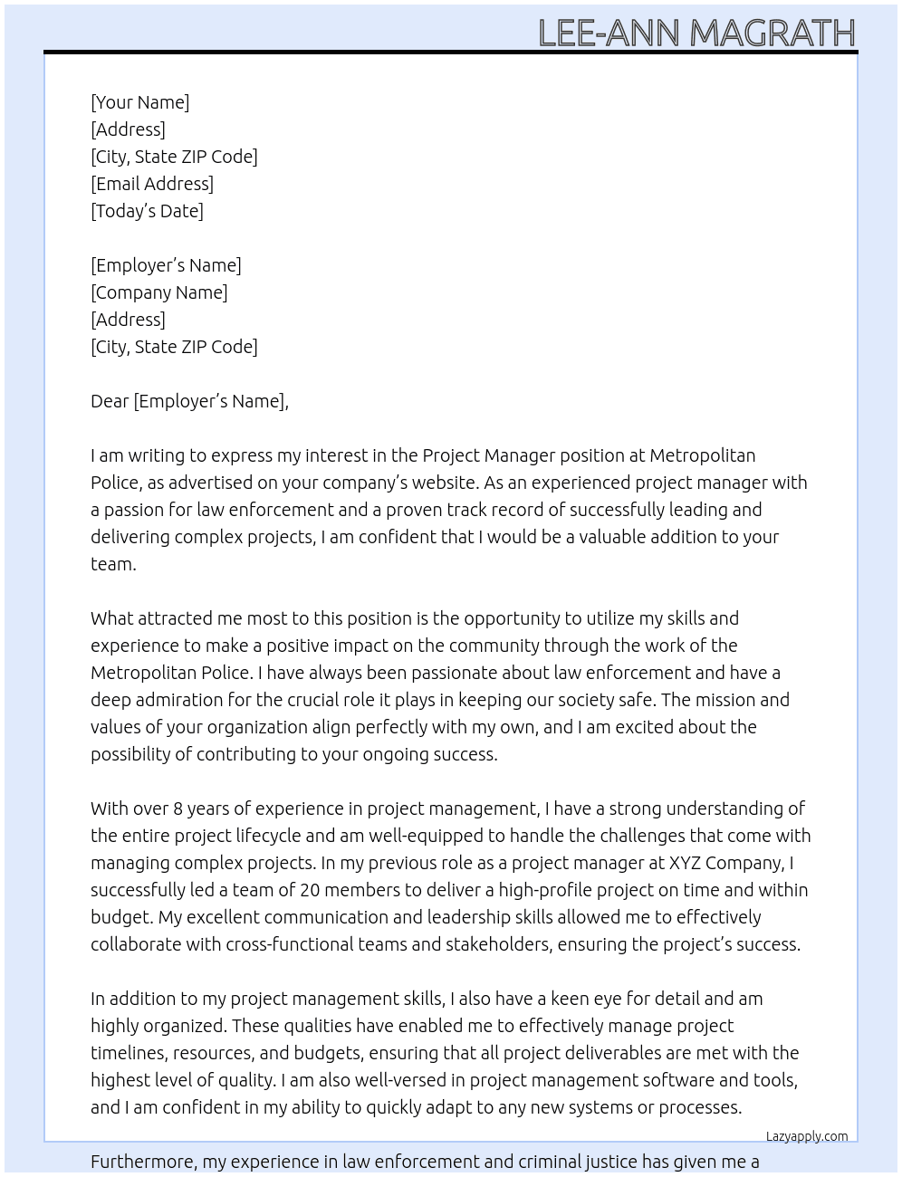 Project Manager At Metropolitan Police Cover Letter