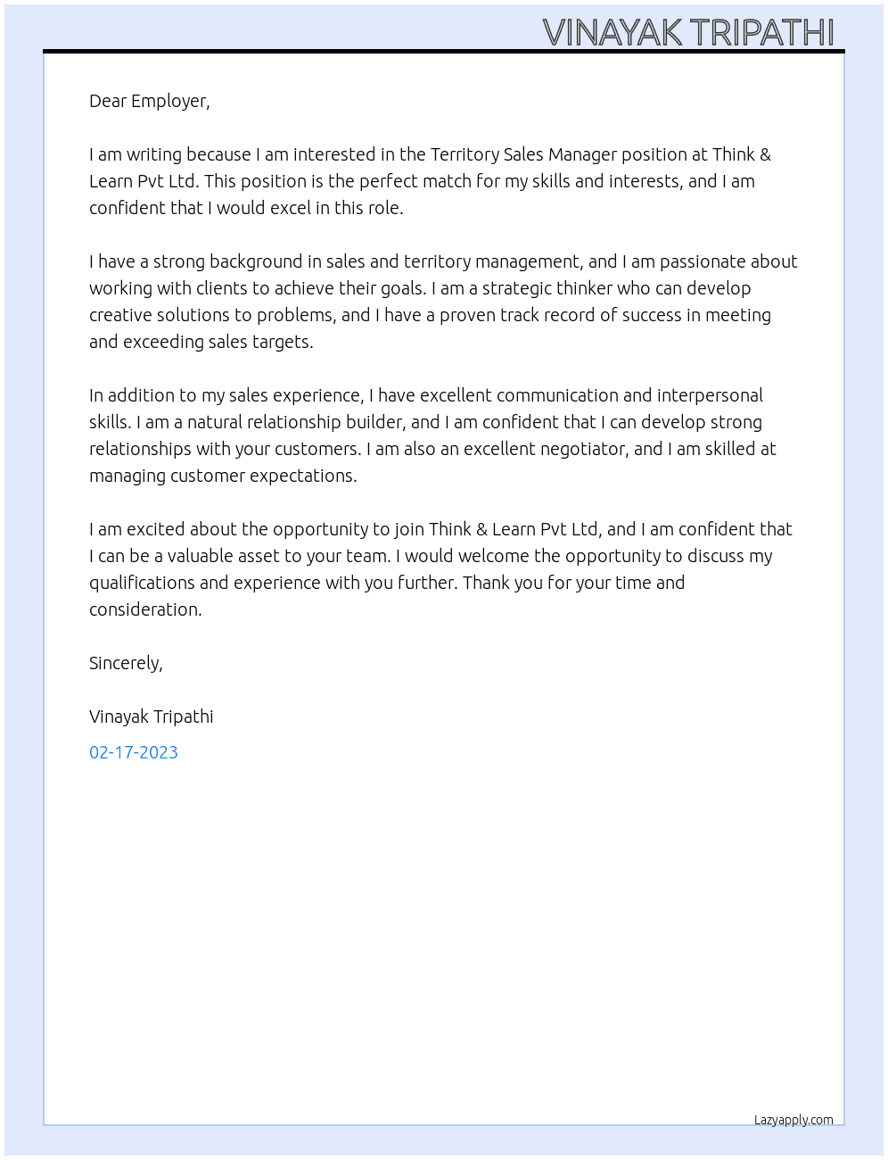Territory Sales Manager  At Think & Learn Pvt Ltd  Cover Letter