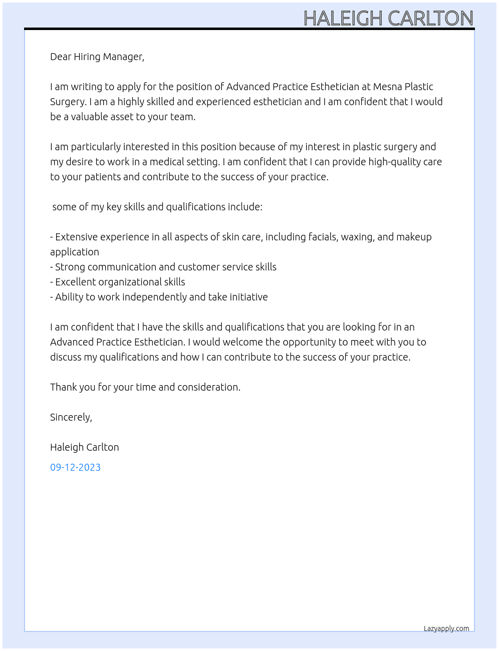 Advanced Practice Esthetician At Mesna Plastic Surgery Cover Letter