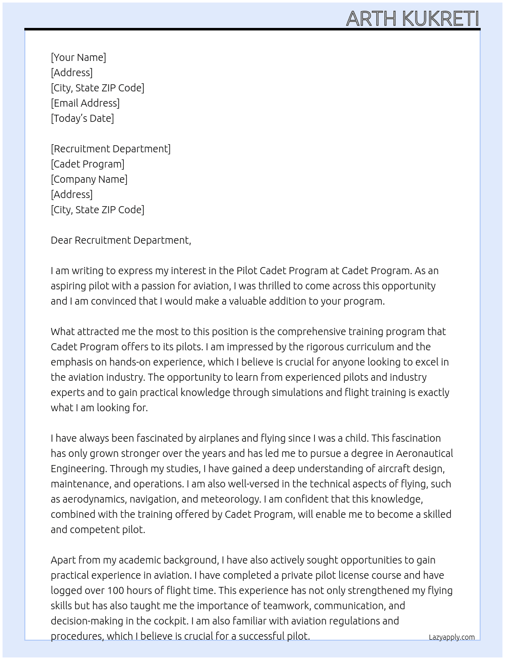 Pilot Cadet Program At Cadet Program Cover Letter