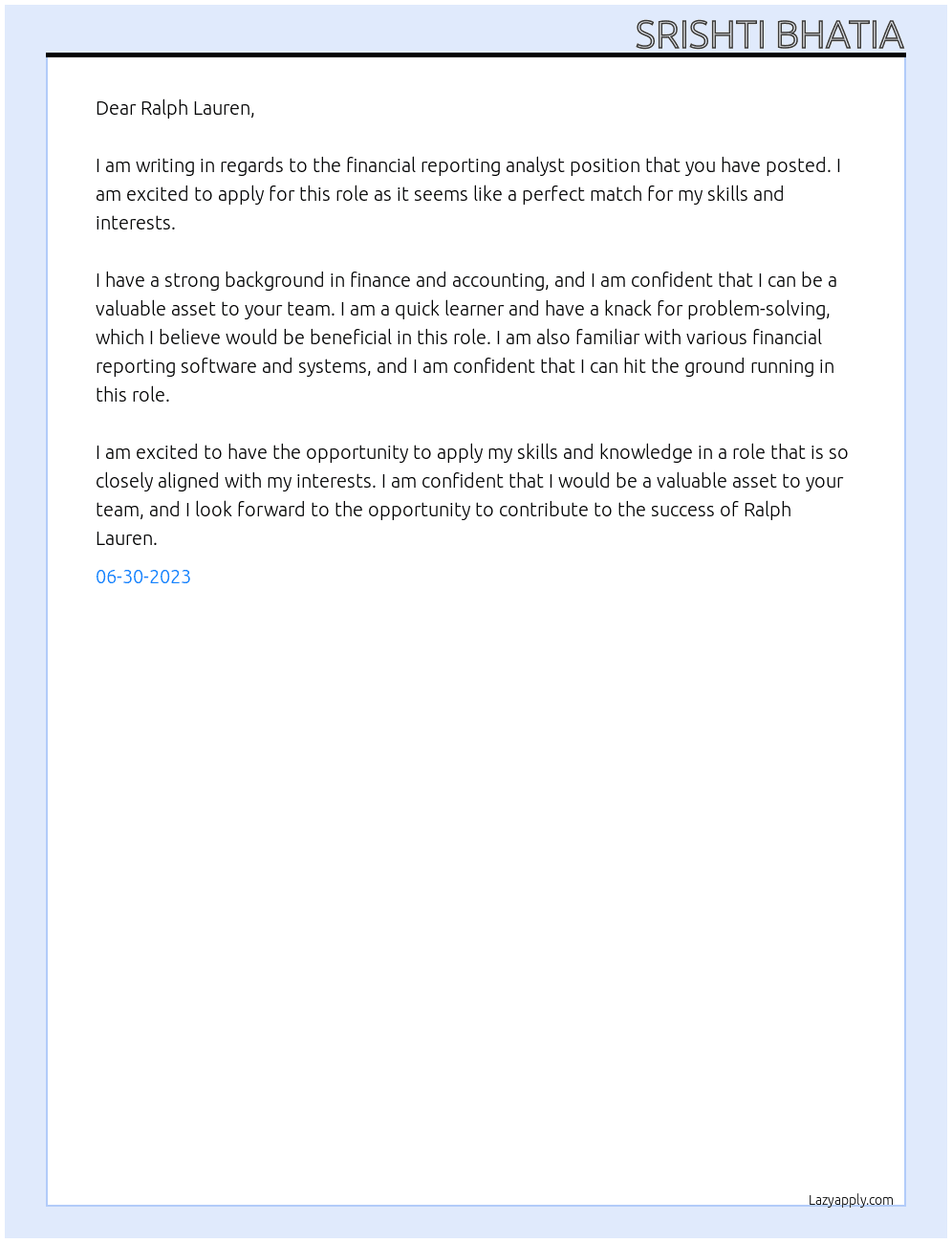 Financial Reporting Analyst At Ralph Lauren Cover Letter