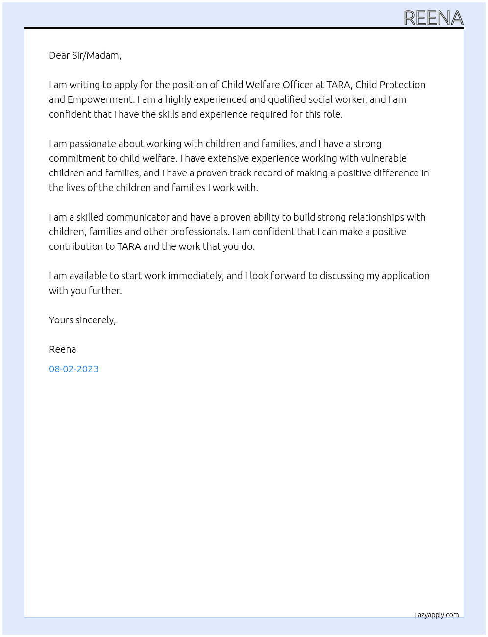 Child Welfare Officer At TARA, Child protection and empowerment Cover Letter