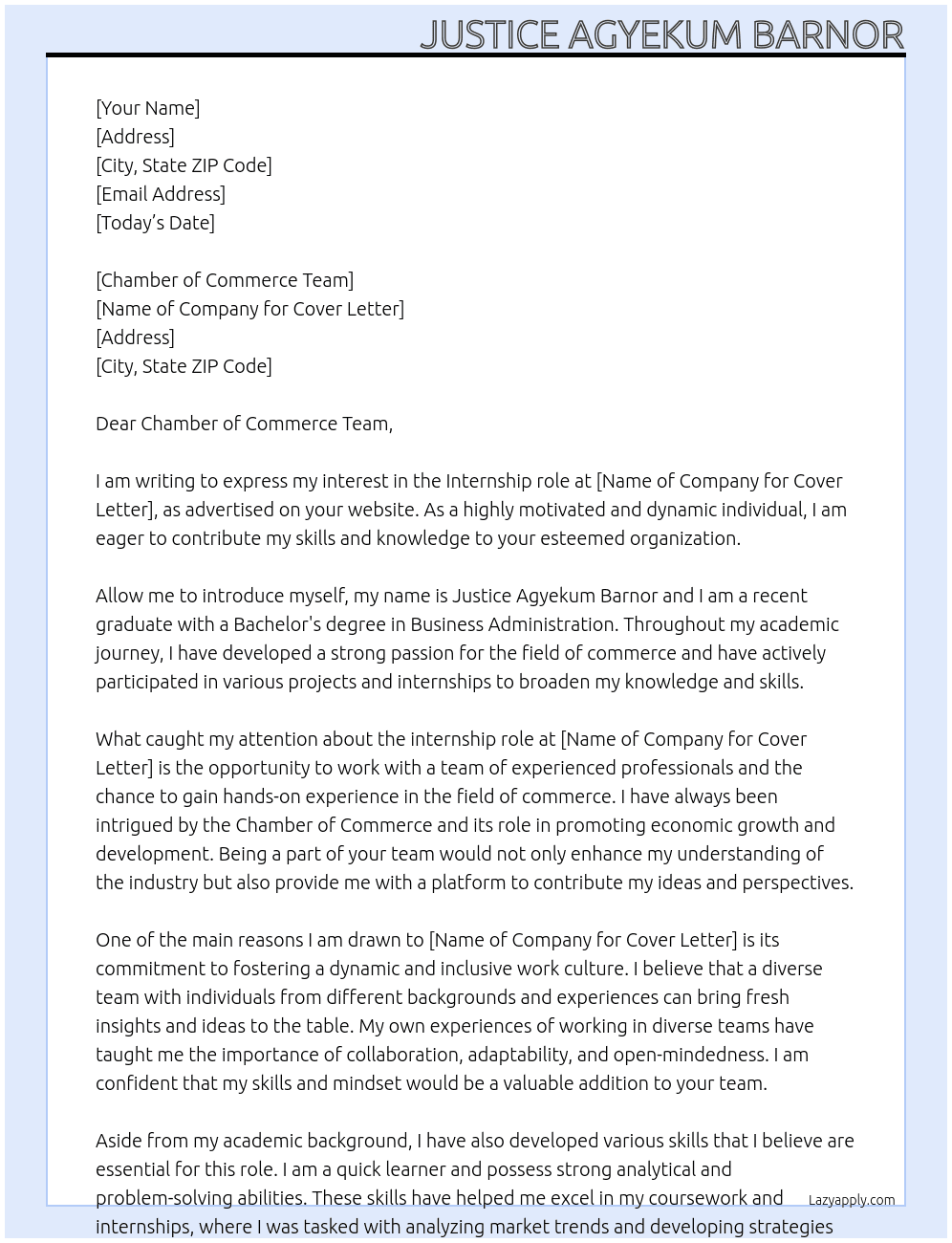 Internship At JUSTICE AGYEKUM BARNOR Cover Letter