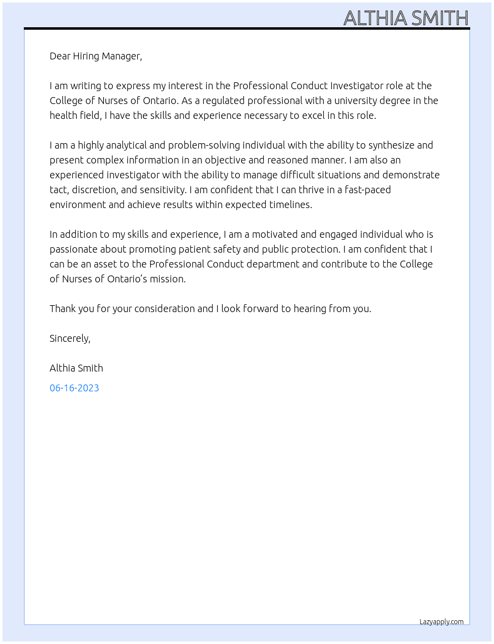 Professional Conduct Investigator At College of Nurses of Ontario Cover Letter