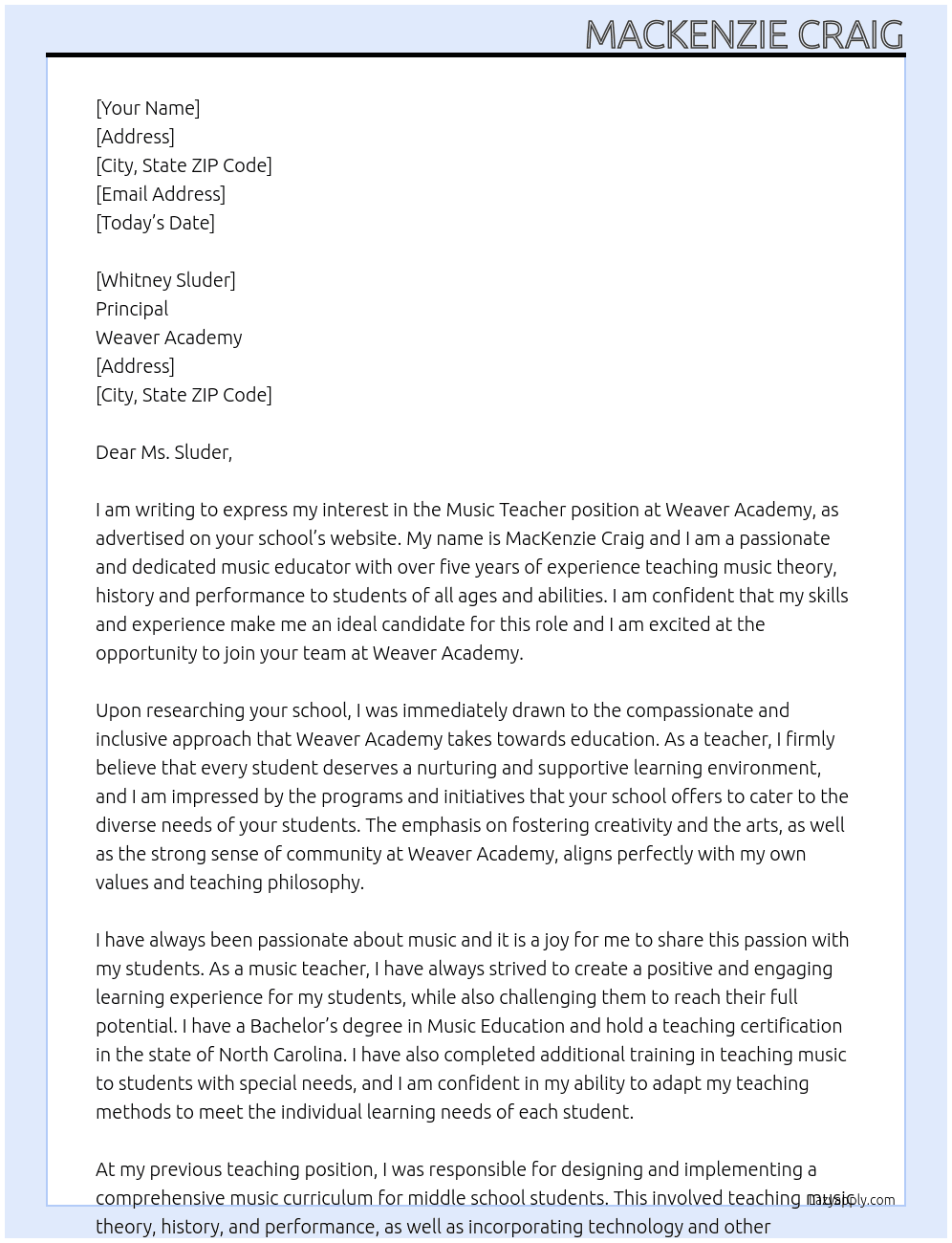 Music Teacher At Weaver Academy Cover Letter