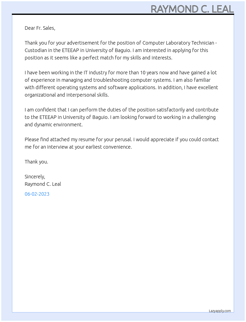 Computer Laboratory Technician - Custodian At ETEEAP in University of Baguio Cover Letter