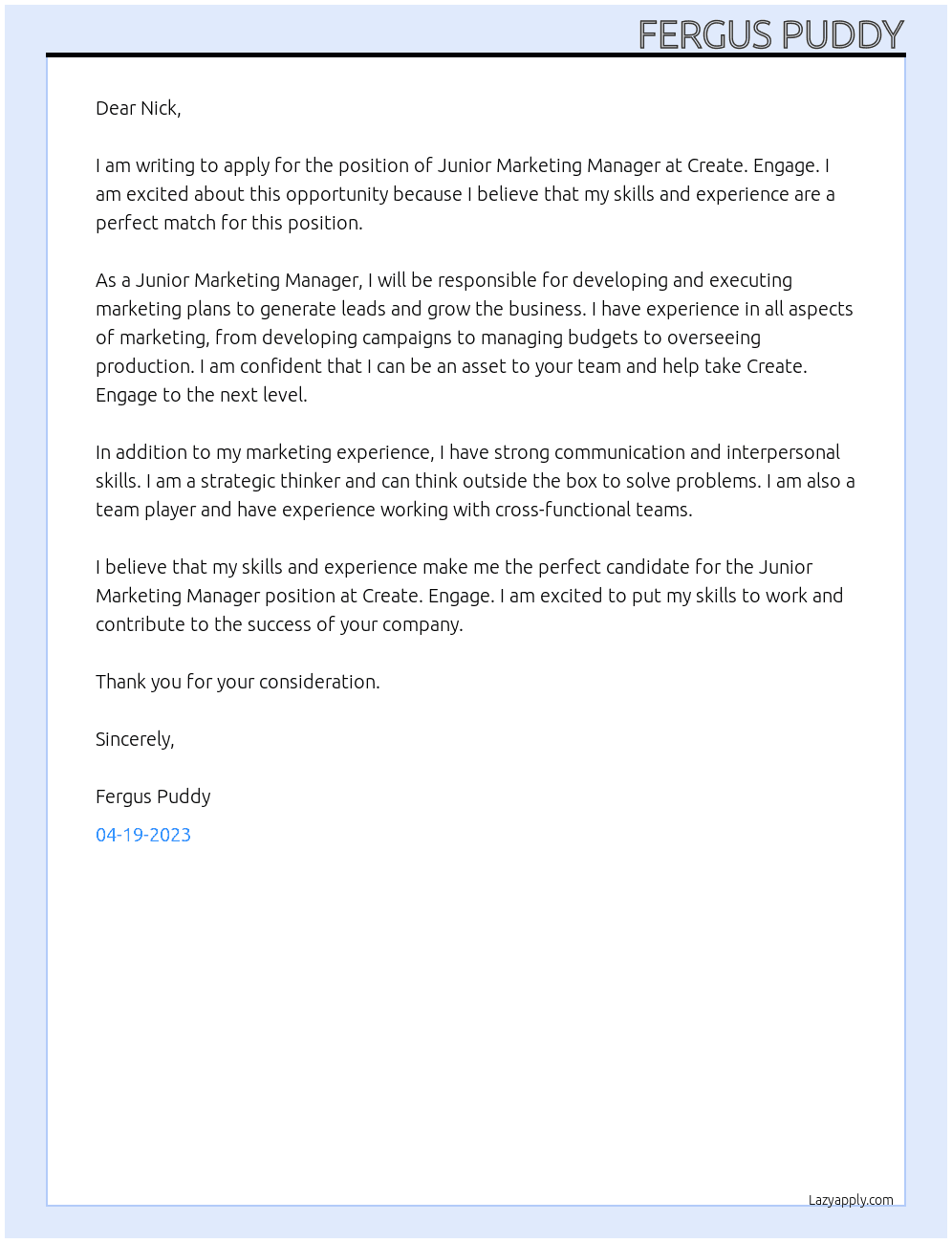 Junior Marketing Manager At Create. Engage Cover Letter