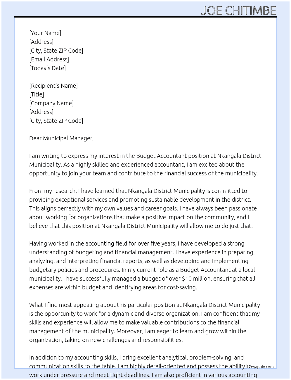 Cover letter for budget accountant - LazyApply