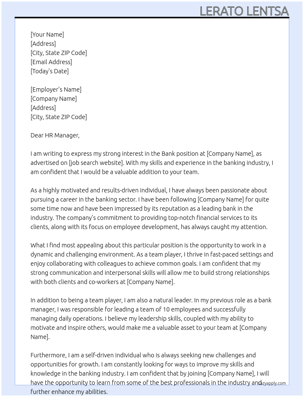 Bank  At Bank Cover Letter