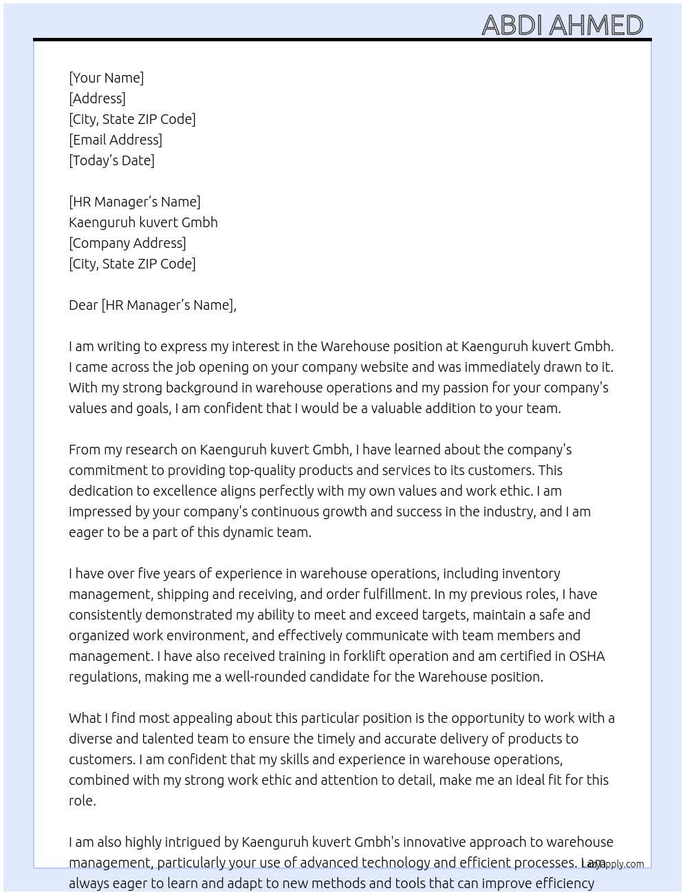 Warehouse  At Kaenguruh kuvert Gmbh  Cover Letter