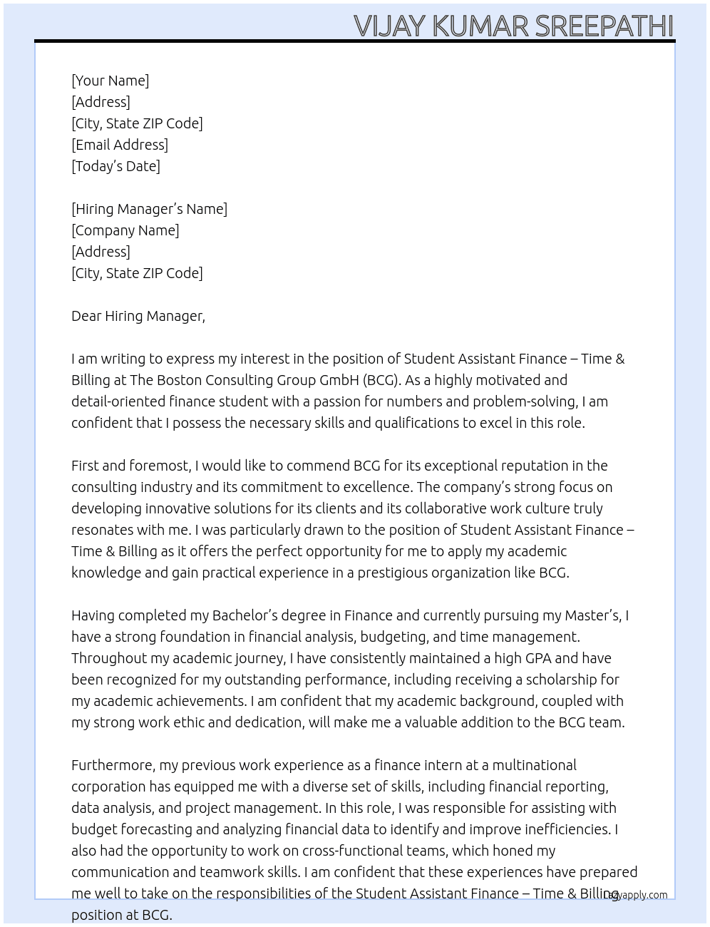 Student Assistant Finance - Time & billing At The Boston Consulting Group GmbH - BCG Cover Letter