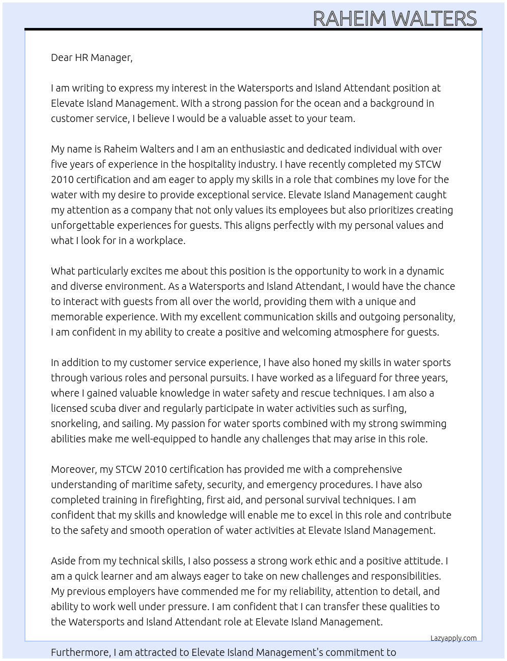 Watersports and Island Attendant At Elevate Island Management  Cover Letter