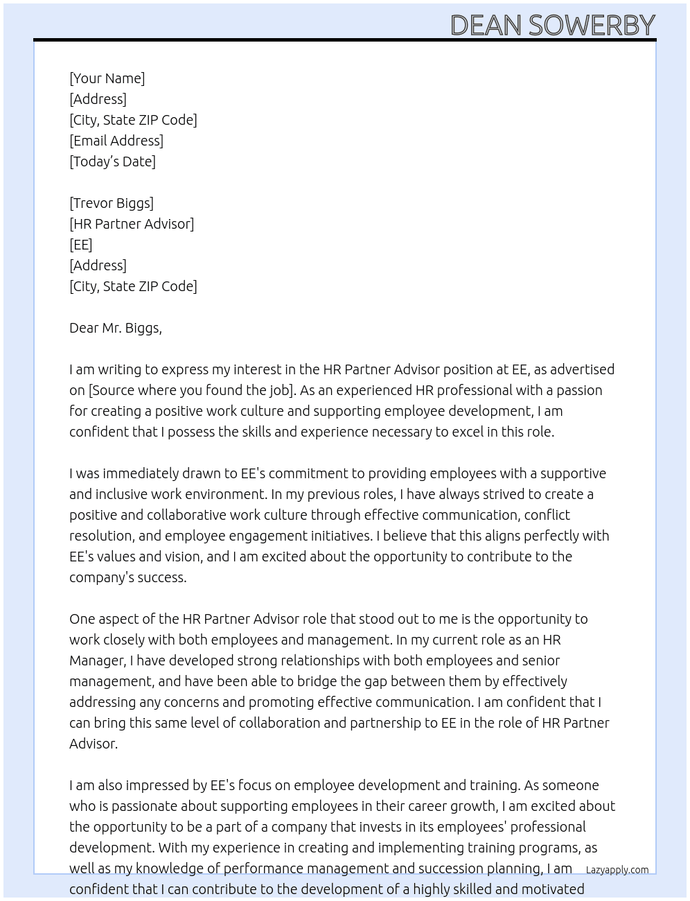 HR Partner Advisor  At EE  Cover Letter