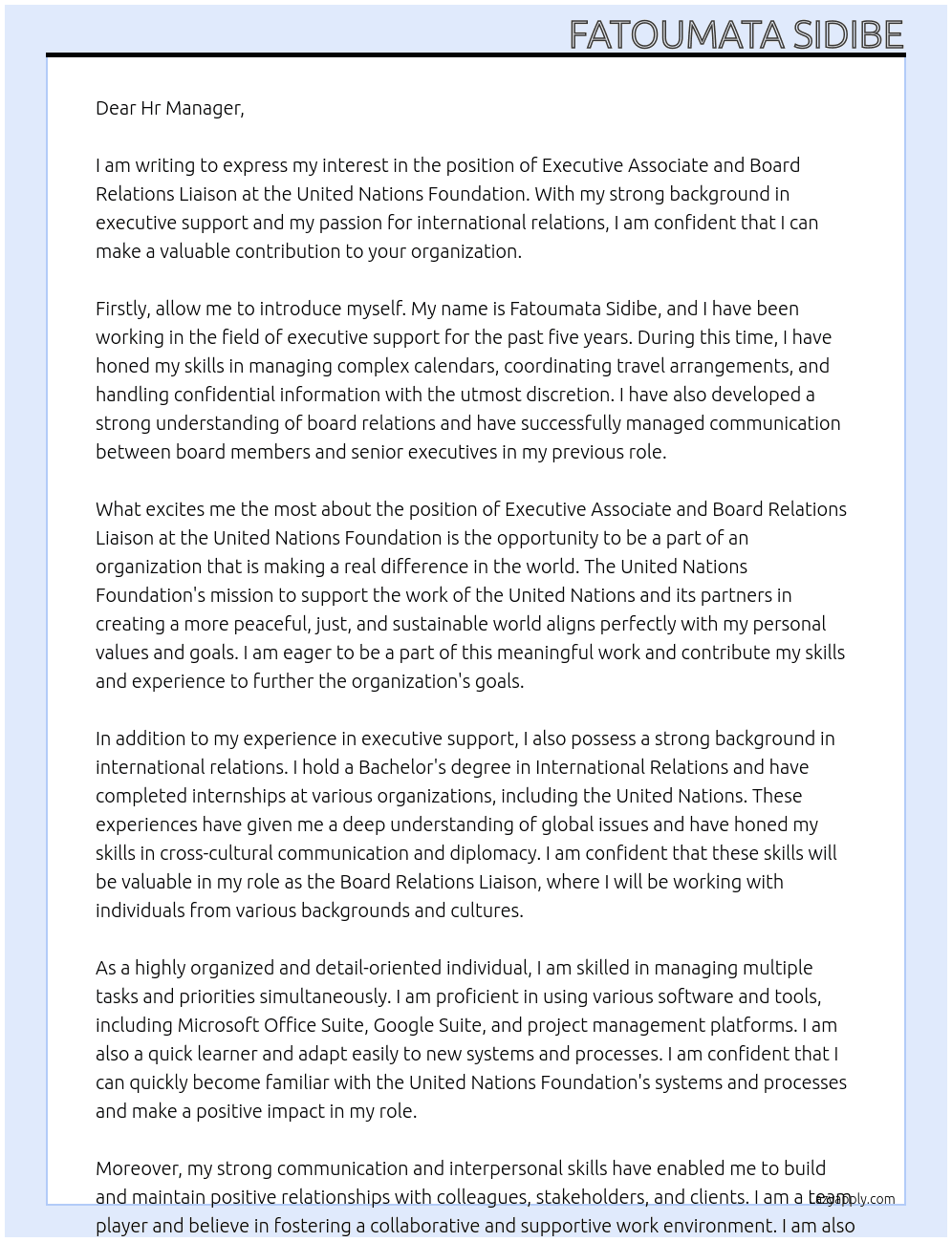 Executive Associate and Board Relations Liaison, At United Nations Foundation  Cover Letter
