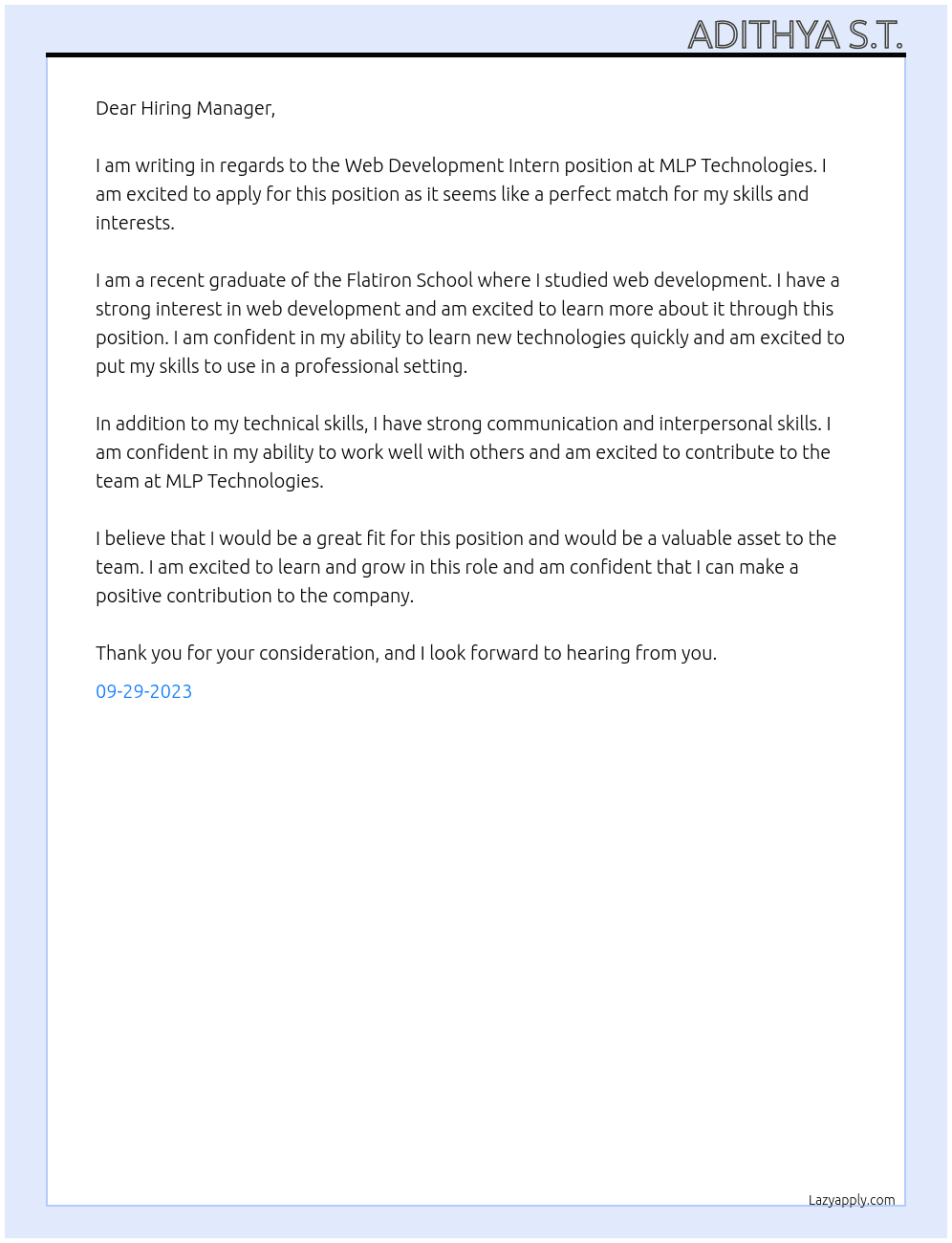 Web Development Intern At MLP Technologies Cover Letter