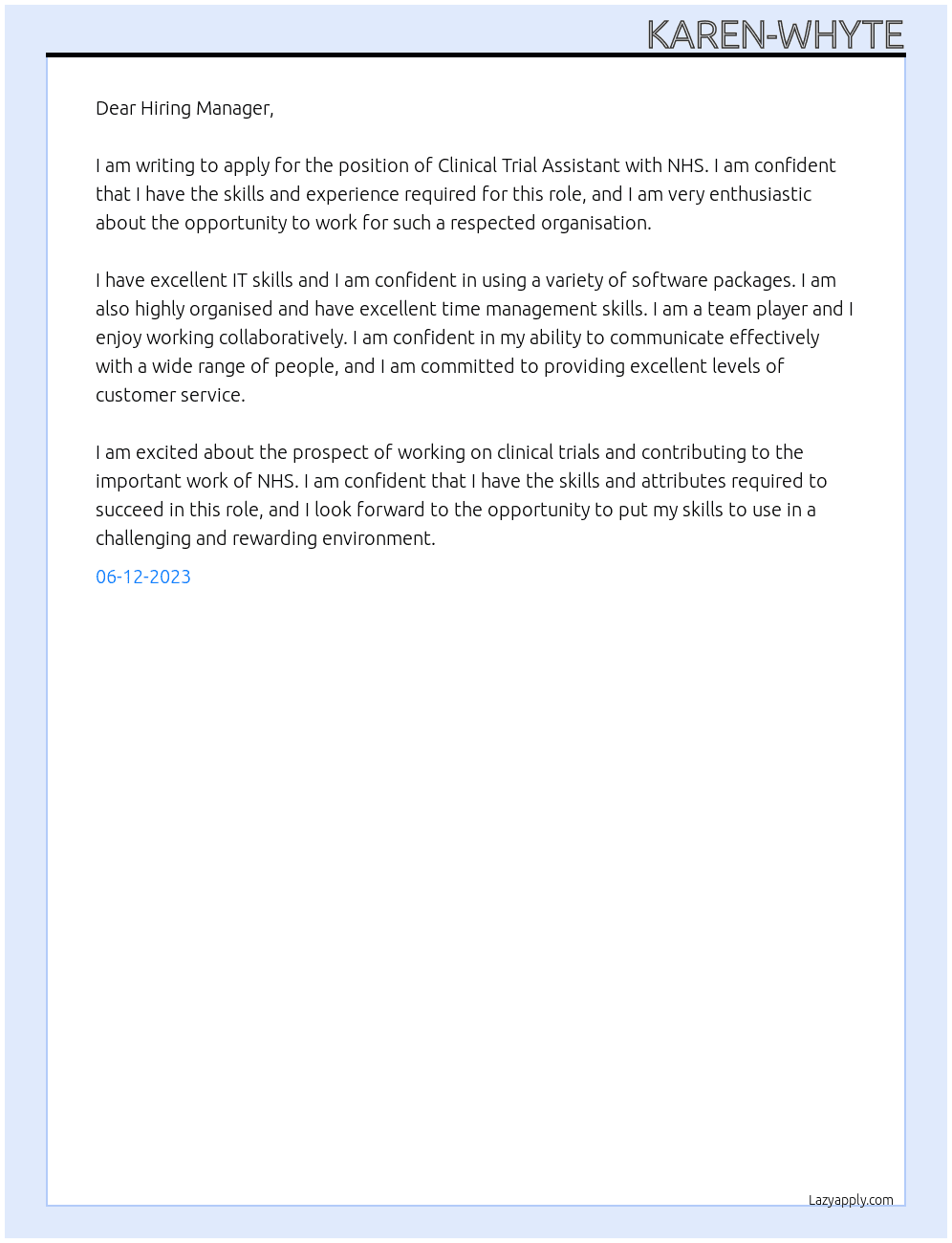 Clinical trial assistant At NHS Cover Letter