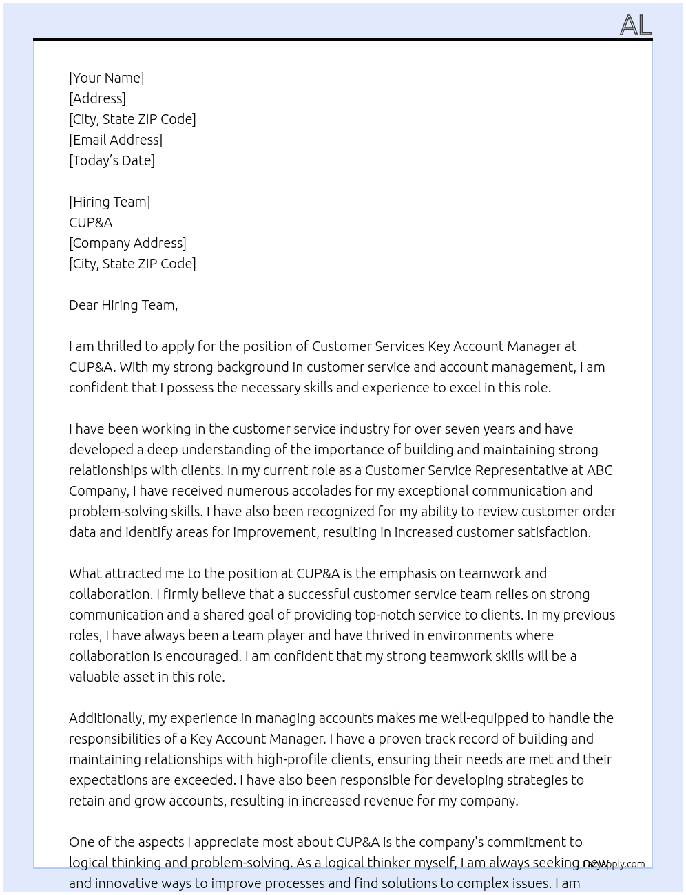 Customer Services Key Account Manager At CUP&A Cover Letter