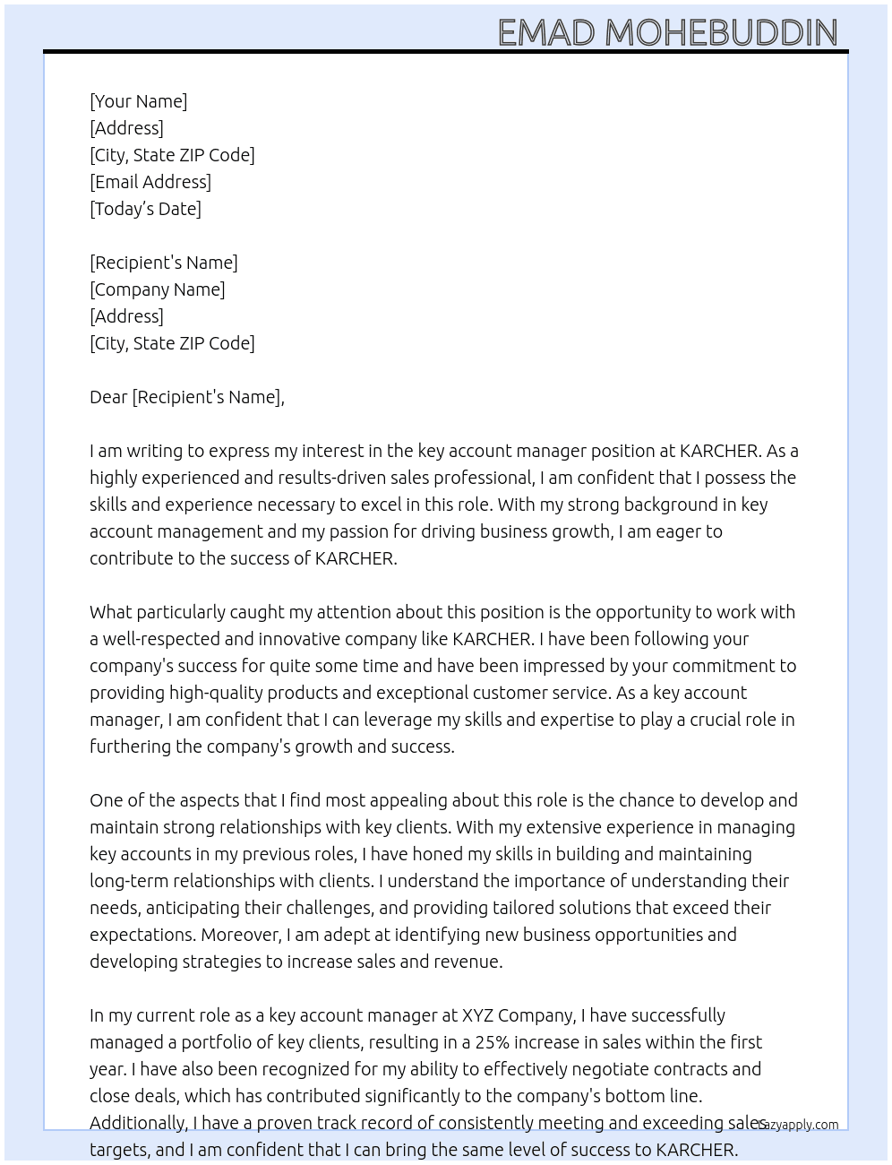 key account manager At KARCHER Cover Letter
