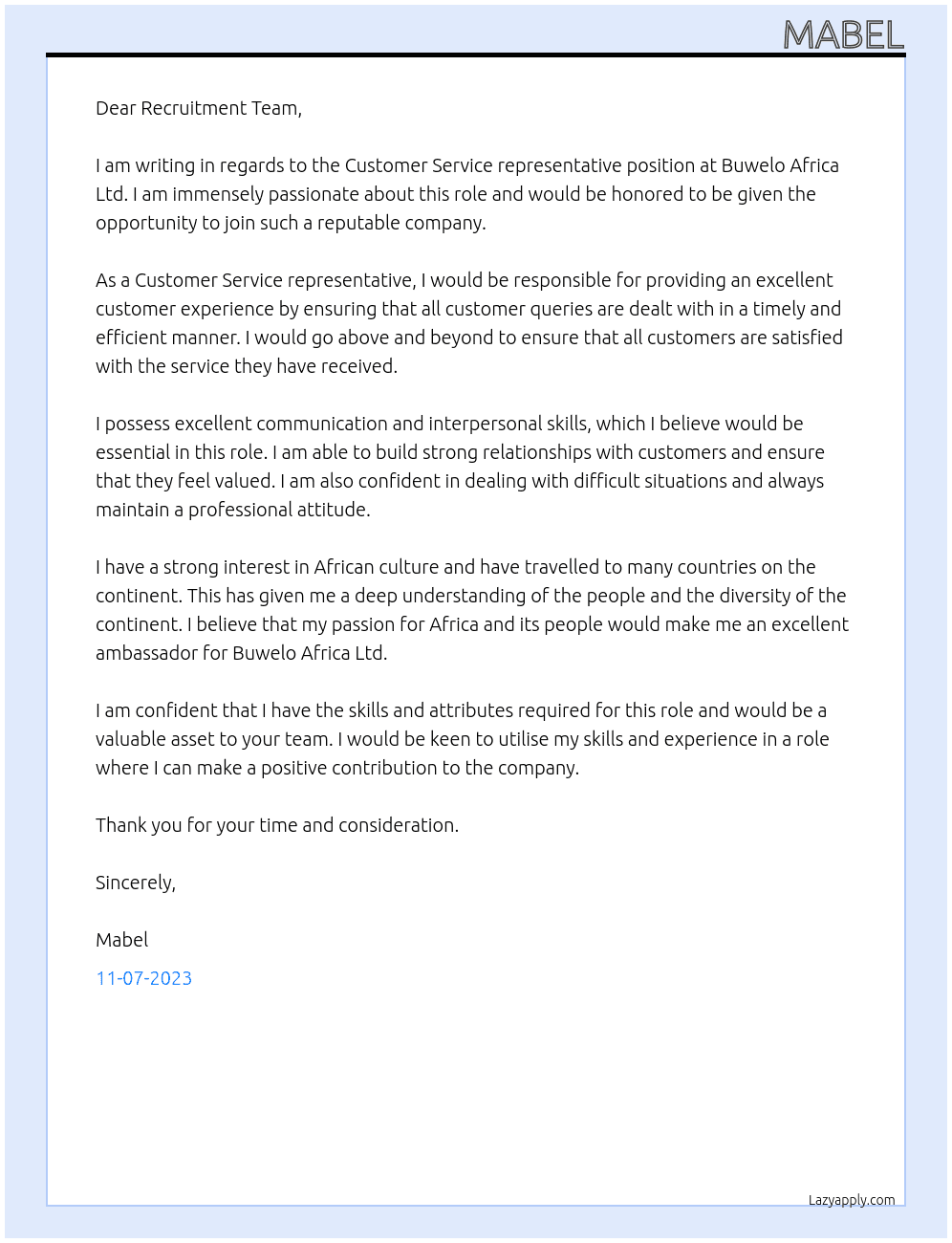Customer Service representative  At Buwelo Africa Ltd Cover Letter