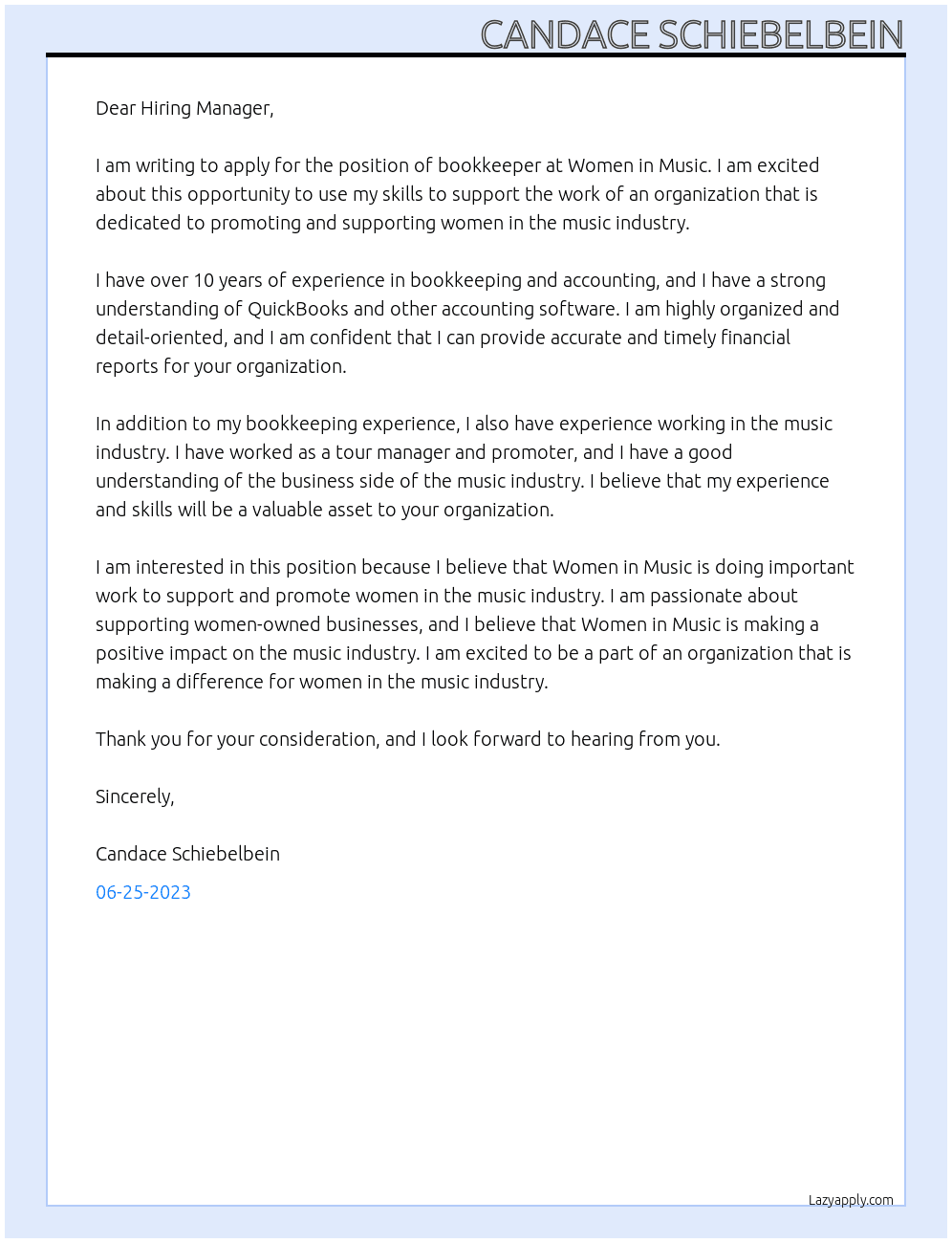 Bookkeeper At Women in Music Cover Letter