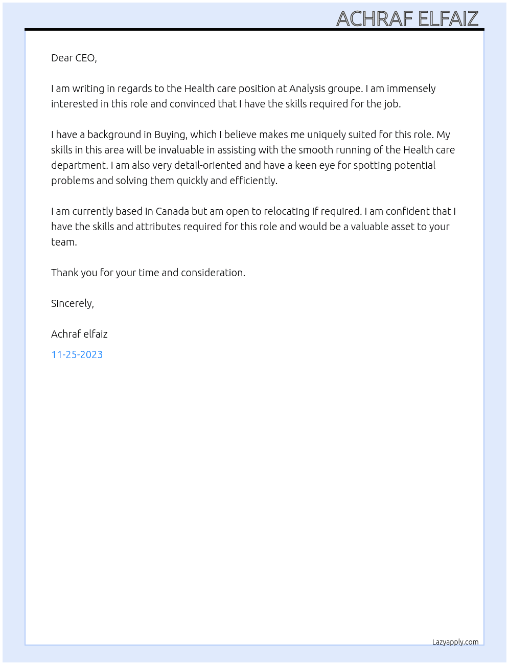 Health care  At Analysis groupe Cover Letter