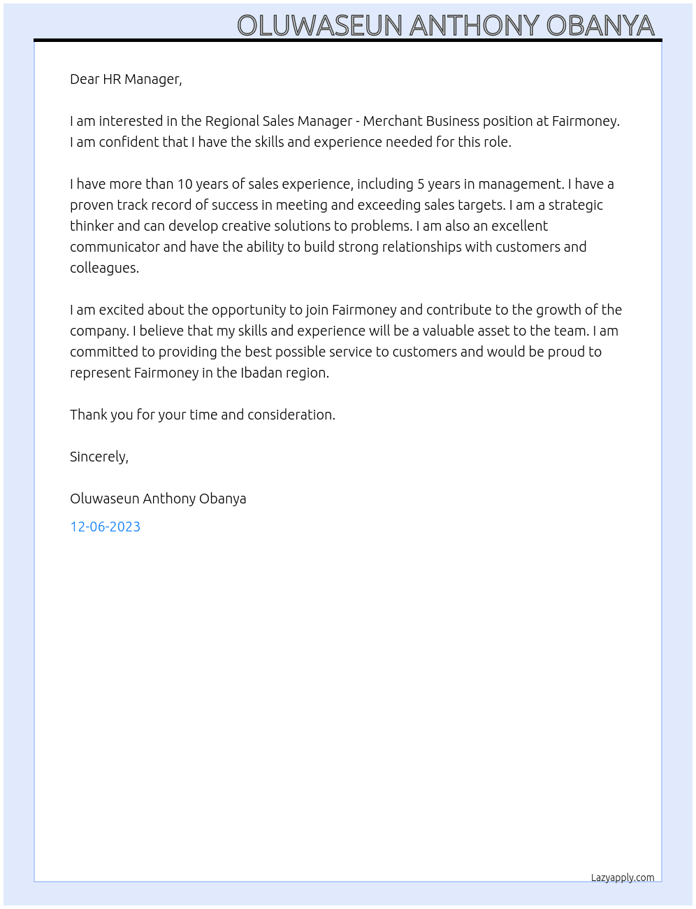Regional sales manager - Merchant busuness At Fairmoney Cover Letter