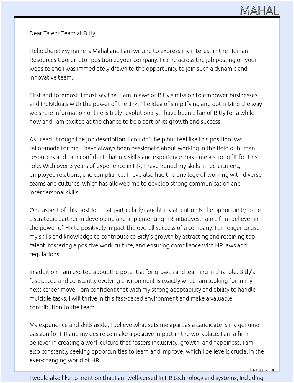 Human Resources Coordinator At Bitly Cover Letter