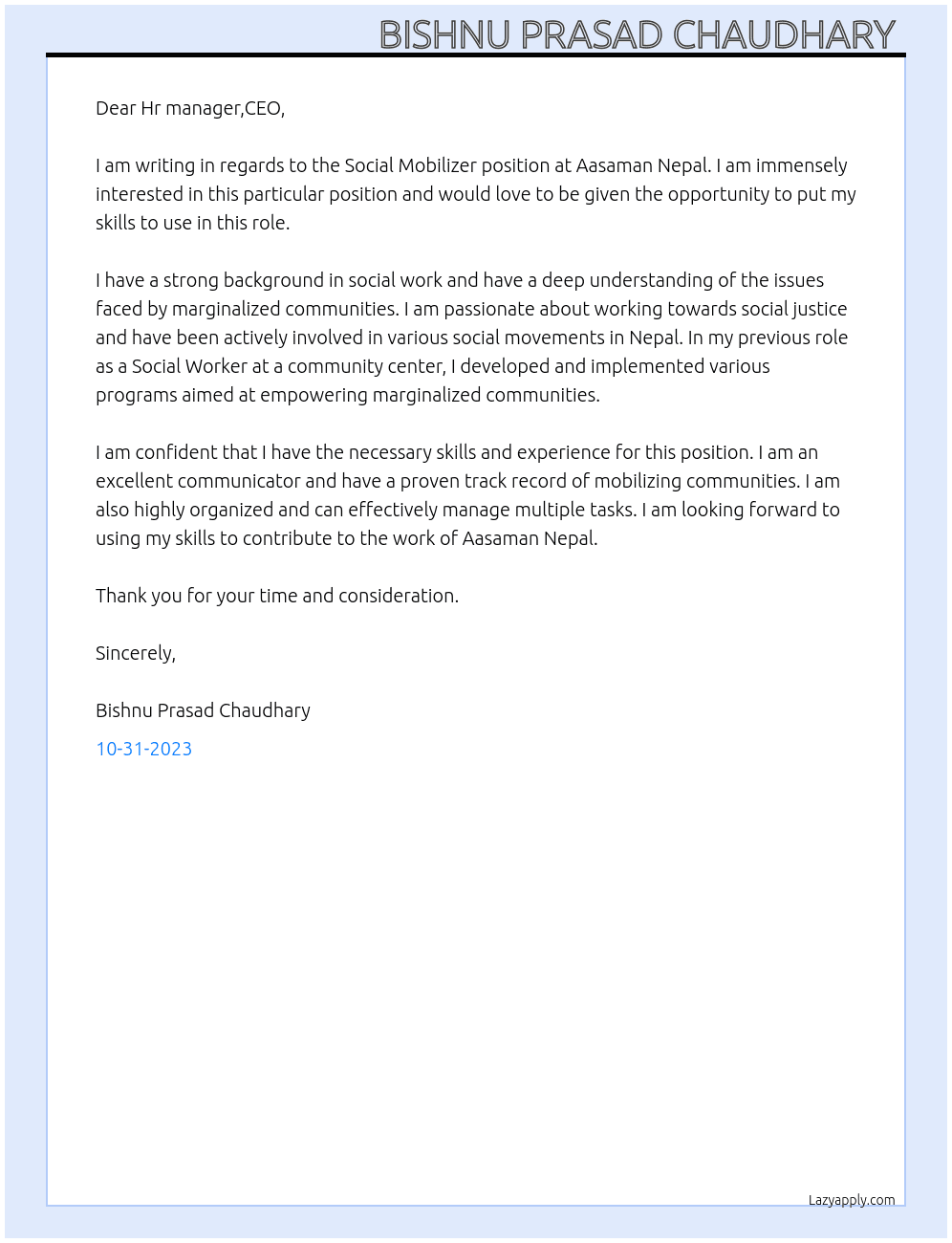 Social mobilizer  At Aasaman Nepal Cover Letter