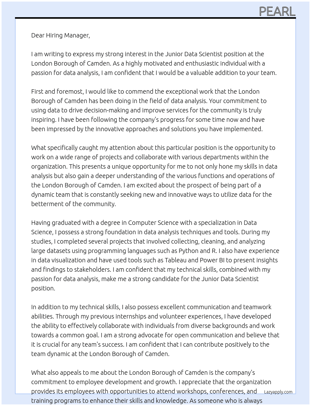 Junior Data Scientist At London Borough of Camden Cover Letter