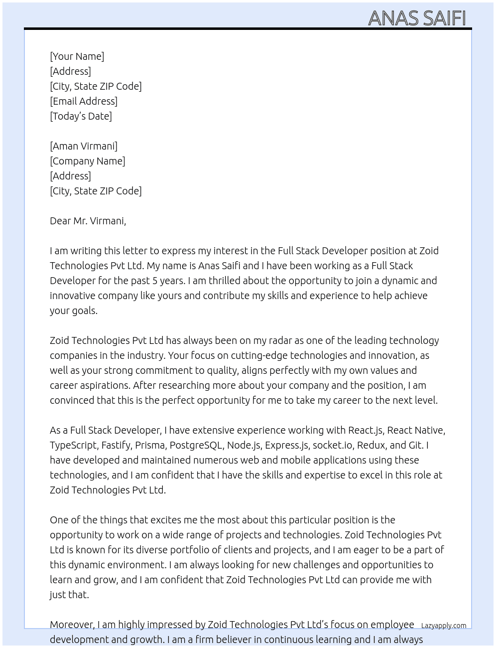 Full stack developer  At Zoid Technologies Pvt Ltd  Cover Letter