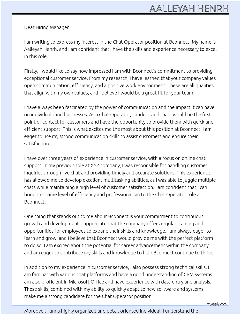 Chat Operator At Bconnect Cover Letter