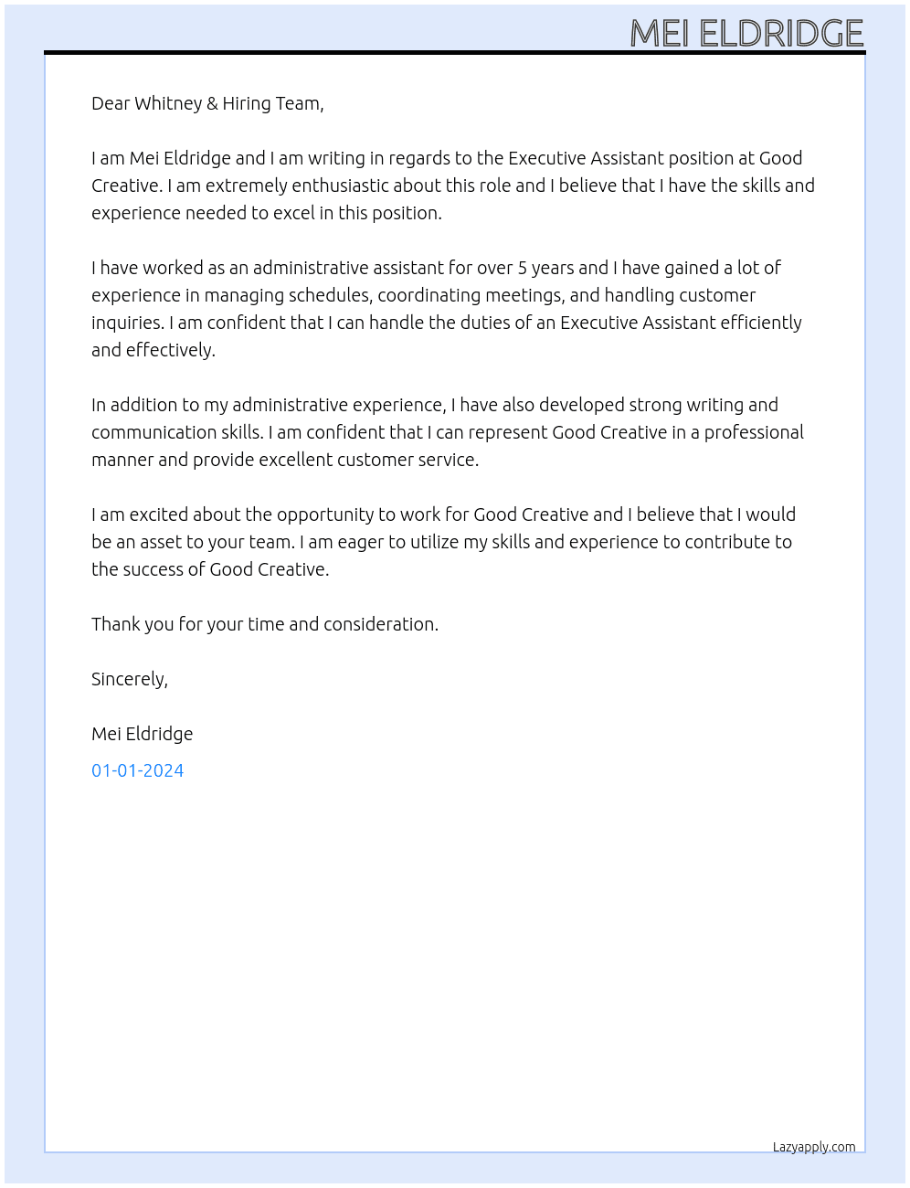 Executive Assistant At Good Creative Cover Letter