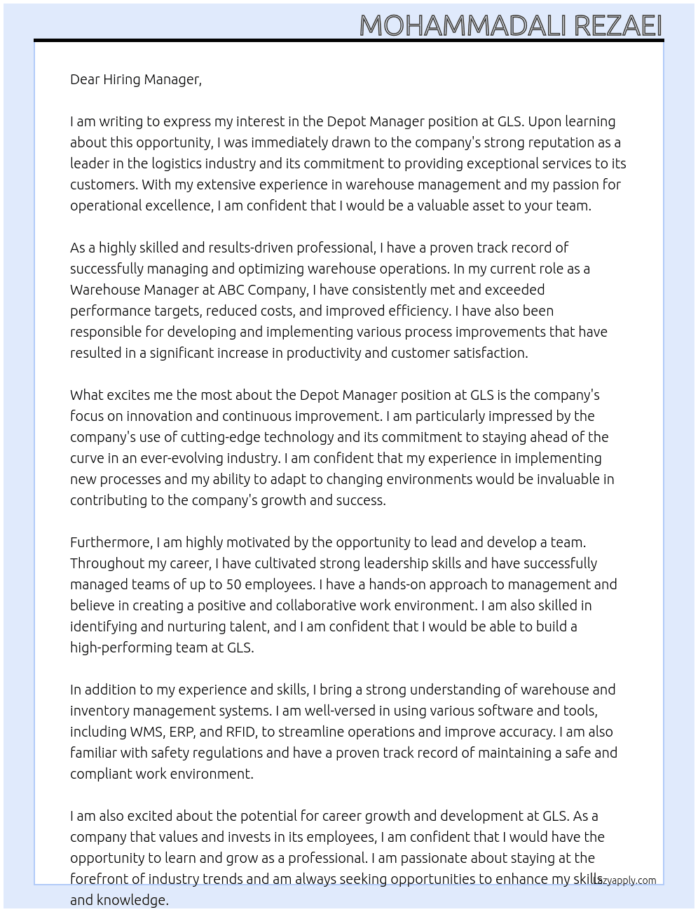 Depot manager At Gls Cover Letter