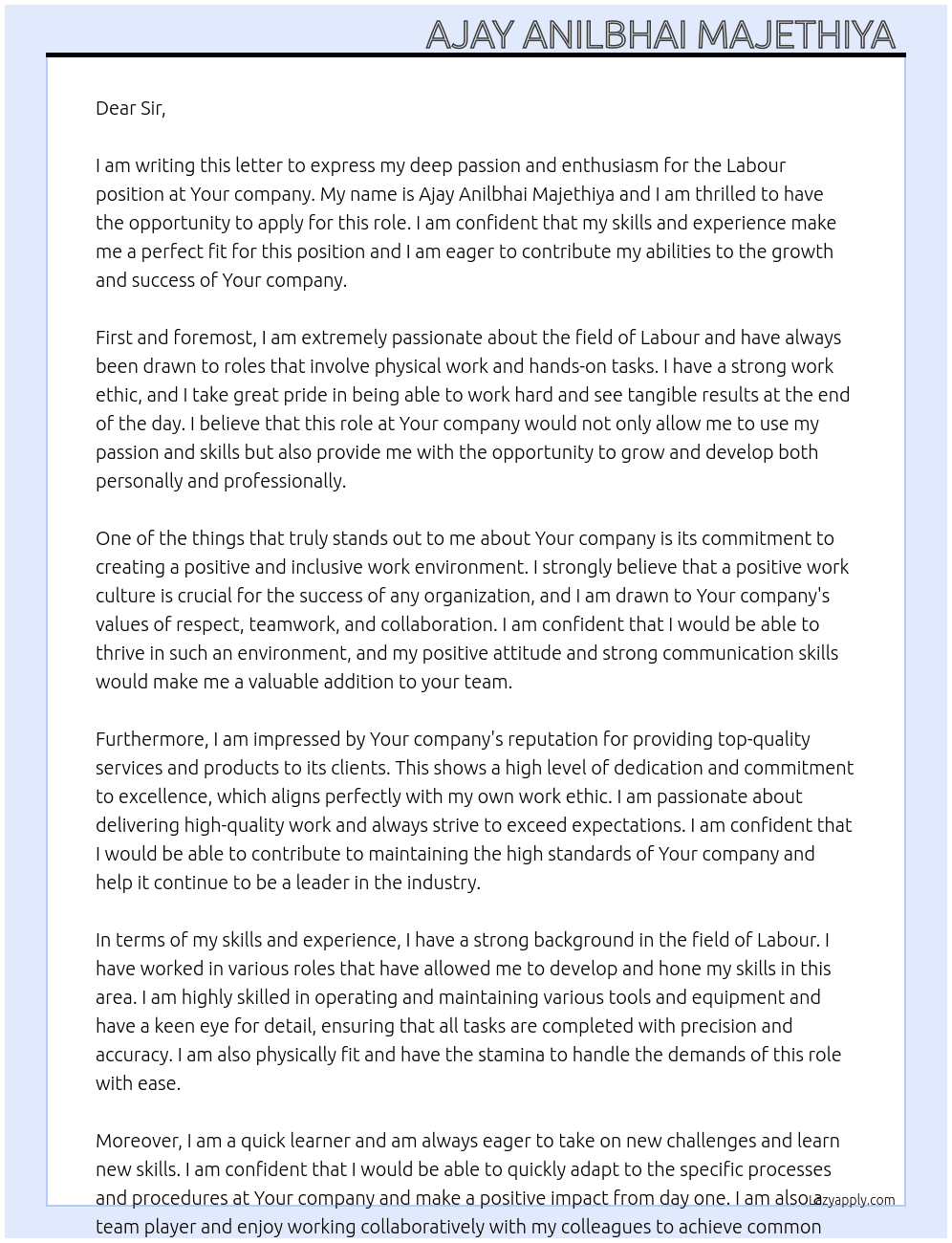 Labour  At Your  Cover Letter
