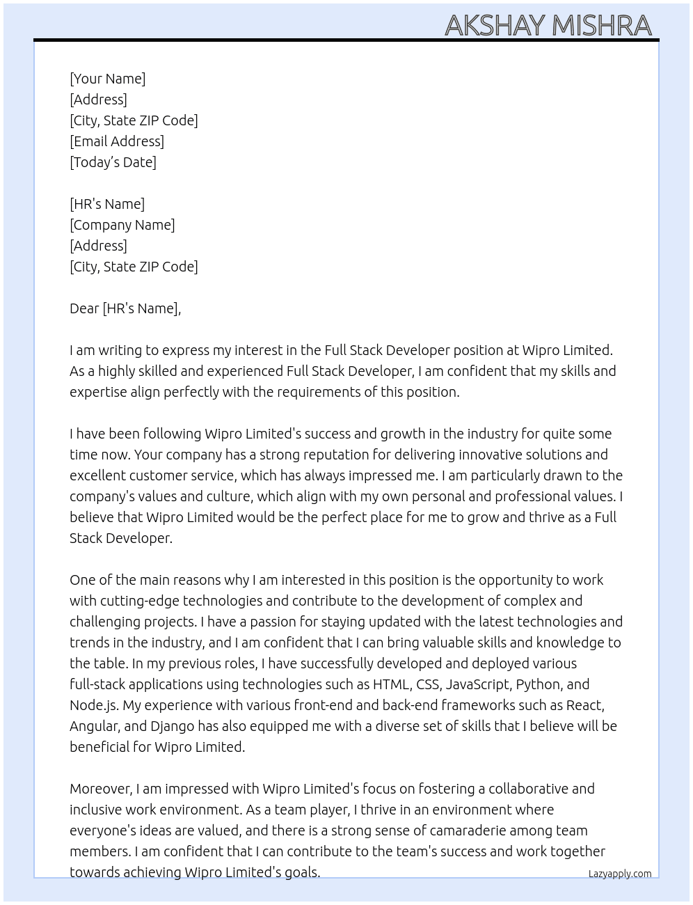 Full Stack Developer At Wipro Limited  Cover Letter