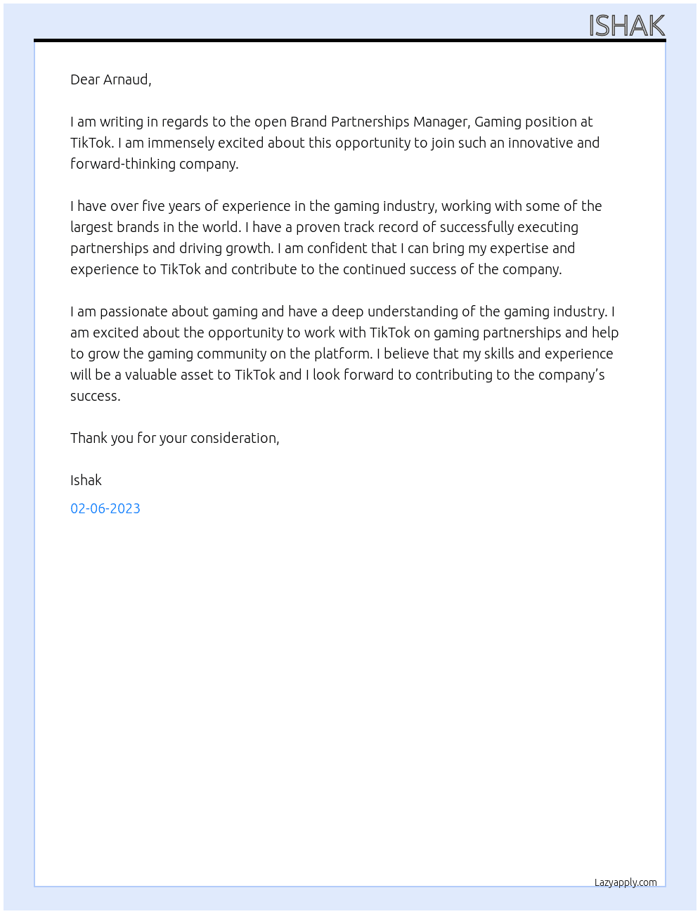 Brand Partnerships Manager, Gaming At TikTok Cover Letter