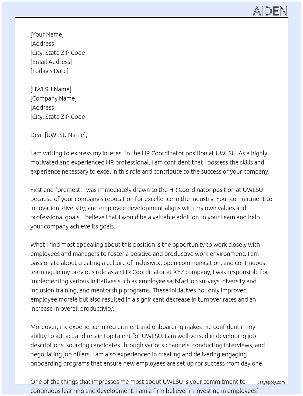 Hr coordinator At UWLSU Cover Letter