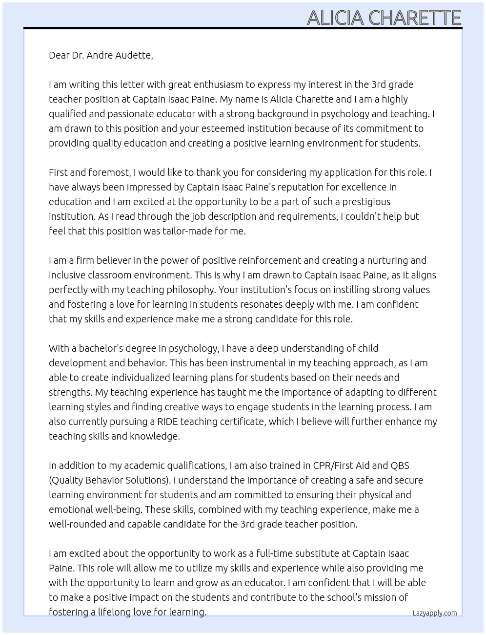 3rd grade teacher At Captain Isaac Paine Cover Letter